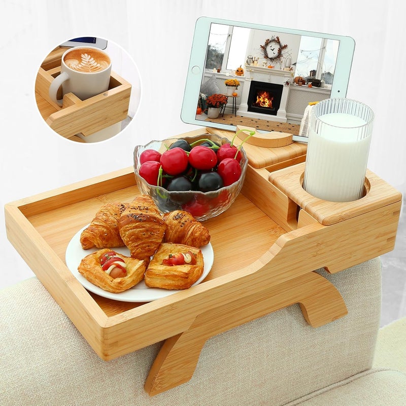 GHKINMAL Bamboo Couch Cup Holder, 4 in 1 Couch Arm Trays with 360°Rotated Phone Holder, Non-Slip Clip on Side Table for Drinks/Remote/Snacks, Ideal Gift for Husband, Wife, Parents - Image 1